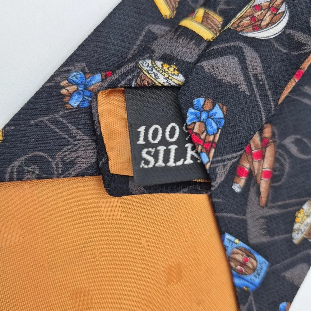 Resilio Mens Silk Necktie Black Novelty Cigar Print Smoking Theme Formal Tie